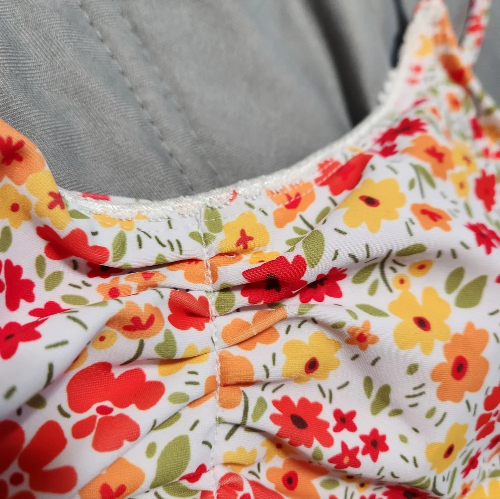 Ruched Floral Bikini Top Orange Medium